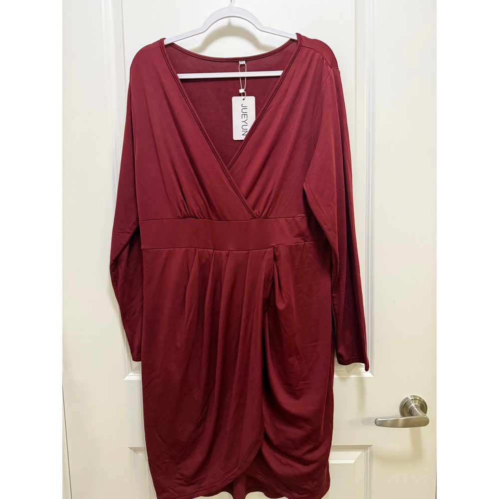 JUEYUN Burgundy Long Sleeve Surplice Tulip Hem Wrap Dress 2XL NEW